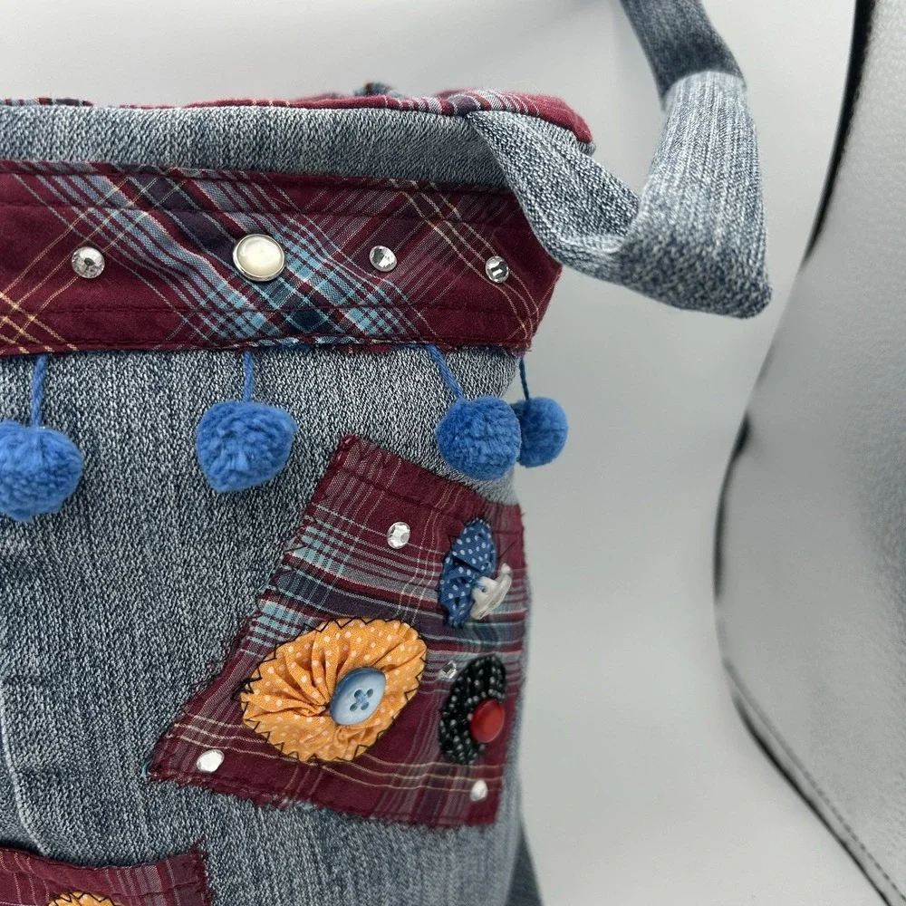 Handmade Denim Jean Bag Tote Purse Boho Upcycled Buttons Rhinestones Pearl‎
